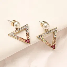DressBerry Gold-Plated Stone-Studded Triangular Drop Earrings-6