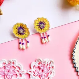 Sangria Yellow & Purple Beads Beaded Drop Earrings-5