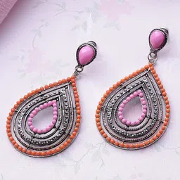 ToniQ Silver-Toned & Orange Teardrop Shaped Drop Earrings-picture-40
