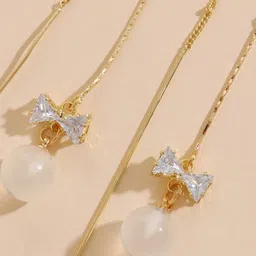 Yellow Chimes Women Gold-Toned Long Chain Tassel Bow Knot Shape Pearl Drop Earrings-9