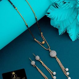 JEWEL WORLD Gold-Plated Stone Studded & Beaded Mangalsutra With Earrings-image-24