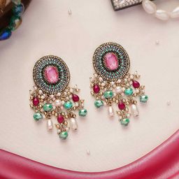 EVERSTYLISHArtificial StonesStudded And Beaded Circular Shaped Drop Earrings-18