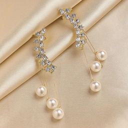 DressBerry White Gold-Plated Stone Studded & Beaded Drop Earrings-image-80