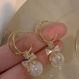 PolluxCraft Korean Gold-Plated Artificial Stones Studded And Pearls Beaded Drop Earrings-16