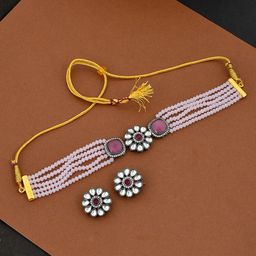 Silvermerc Designs Pink Onyx  Silver-Plated Layered Choker Jewellery Set-picture-15