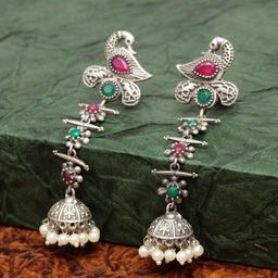 PANASH Silver-Plated Peacock Shaped Jhumkas Earrings-picture-7