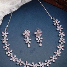 Anouk Rhodium-Plated Flower Shaped AD-Studded Necklace & Earrings-20