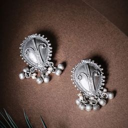 Rubans Silver-Plated Oval Oxidized Drop Earrings-1