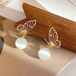 Yellow Chimes Gold-Toned & White Butterfly Stud With Pearl Drop Earrings-37