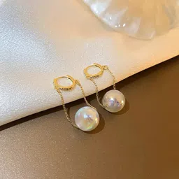 Yellow Chimes Women Gold Toned Small Hoop With Hanging Chain Pearl Drop Earrings-20
