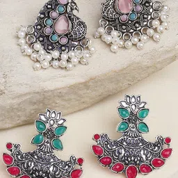 OOMPH Set Of 2 Artificial Stones and Beads-Studded Oxidised Drop Earrings-32