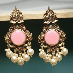 ADIVA Gold-Plated Stone-Studded & Pearl Beaded Floral Drop Earrings-image-89