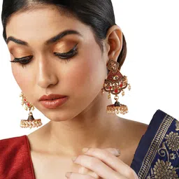 Anouk Gold-Toned Brass-Plated Dome Shaped Beaded Drop Jhumkas-22