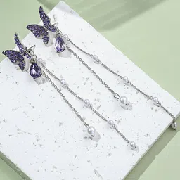 FIMBUL Silver-Plated Stainless Steel Rhinestone Studded Butterfly Tasselled Drop Earrings-27