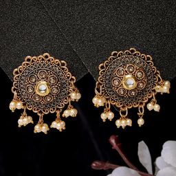 ADIVA Gold-Plated Kundan Studded Circular Drop Earrings-9