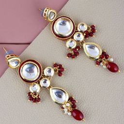 LUCKY JEWELLERY Gold-Plated Kundan-Studded Contemporary Drop Earrings-image-58