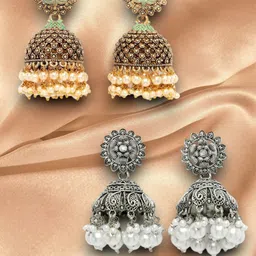 ADIVA Set Of 2 Gold & Silver-Plated Beaded Dome Shaped Jhumkas-12
