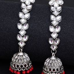 KARATCART Red & Silver-Toned Floral Jhumkas Earrings-image-46
