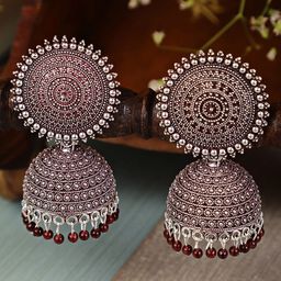 Shining Diva Maroon Contemporary Silver-Plated Jhumkas Earrings-image-44