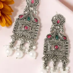 ADIVA Silver-Plated Stone Studded & Beaded Peacock Shaped Drop Earrings-15