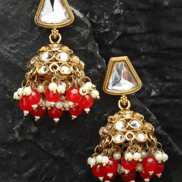 ZENEME Gold-Plated Kundan Studded Dome Shaped Jhumkas-17