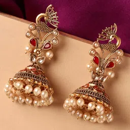 OOMPH Kundan Studded Peacock Shaped Jhumkas Earrings-13
