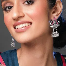 Rubans Silver & Pink Dome Shaped Jhumkas Earrings-image-5