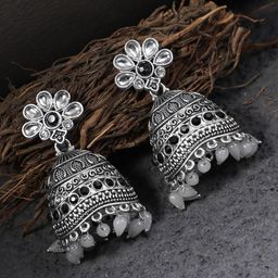 Adwitiya Collection Silver-Toned Oxidised Dome Shaped Jhumkas Earrings image 1