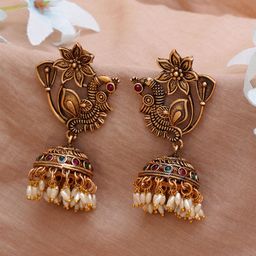 KARATCART Gold-Plated & White Peacock Shape Classic Jhumkas Earrings-44