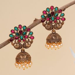 KARATCART Red & Green Gold-Plated Peacock Shape Classic Jhumkas Earrings-6