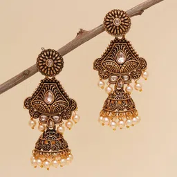 KARATCART Gold-Plated & White Classic Kundan Jhumkas Earrings-35