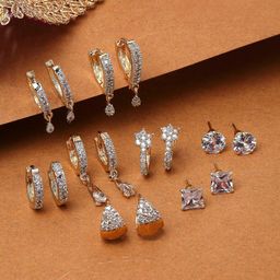 ZENEME Set Of 8 Gold-Plated American Diamond-Studded Contemporary Studs & Hoop Earrings-15
