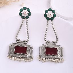 DASTOOR Silver-Plated Stone-Studded & Beaded Silver Oxidised Drop Earrings-image-62
