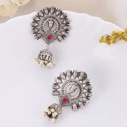 DASTOOR Silver-Plated Contemporary Oxidised Jhumkas-image-49