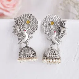 DASTOOR Silver-Plated Oxidised Jhumkas-image-9