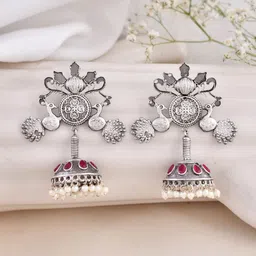 DASTOOR Silver Plated Oxidised Stone Studded Jhumkas-image-92