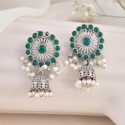 DASTOOR Silver-Plated Stone Studded Contemporary Oxidised Jhumkas-45