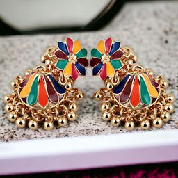 LUCKY JEWELLERY Gold-Plated Contemporary Meenakari Jhumkas-image-88