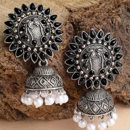KARATCART Silver Plated Oxidised Stone Studded And Beaded Jhumkas-image-41