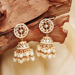Zaveri Pearls Gold-Toned & White Kundan & Pearls Contemporary Jhumkas Earrings-image-90
