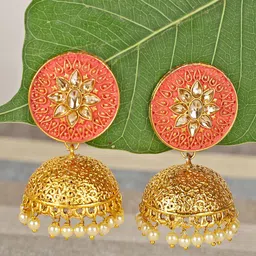 Shining Diva Red & Gold-Toned Dome Shaped Jhumkas Earrings-picture-1