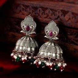 aadita Gold-Plated Stone-Studded & Beaded Silver Dome Shaped Jhumkas-3