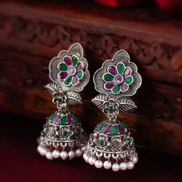 aadita Gold-Plated Stone-Studded & Beaded Silver Contemporary Jhumkas-image-29