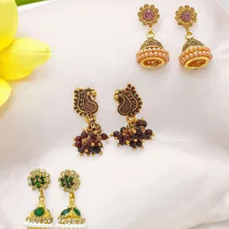 FEMMIBELLA Set of 3 Gold-Plated Alloy Artificial Stones Jhumkas-5
