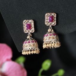 Jazz and Sizzle Rose Circular Gold-Plated AD-Studded Jhumkas Earrings-15