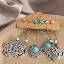 Yellow Chimes Set Of 6 Pairs Of Silver-Toned & Blue Earrings Set-8