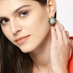 DIVASTRI Gold-Plated Artificial Stones Studded Teardrop Shaped Drop Earrings-11