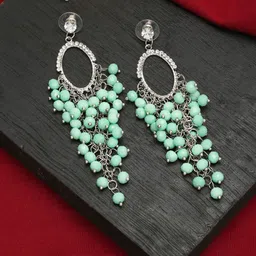 DIVASTRI Silver-Plated Artificial Stones Studded And Beaded Contemporary Drop Earrings-13