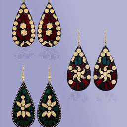 DIVASTRI Set Of 3 Gold Plated Artificial Stones Studded Teardrop Shaped Drop Earrings-11