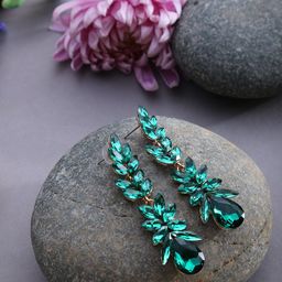 SOHI Green Stone Studded Leaf Contemporary Drop Earrings-18
